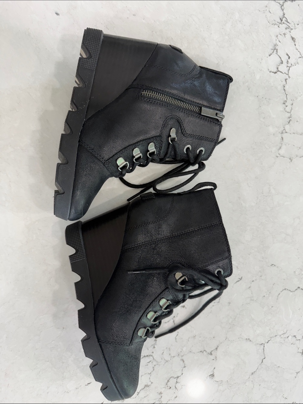 Sorel Black Leather Joan of Arctic Wedge Zip Booties 6.5 Waterproof